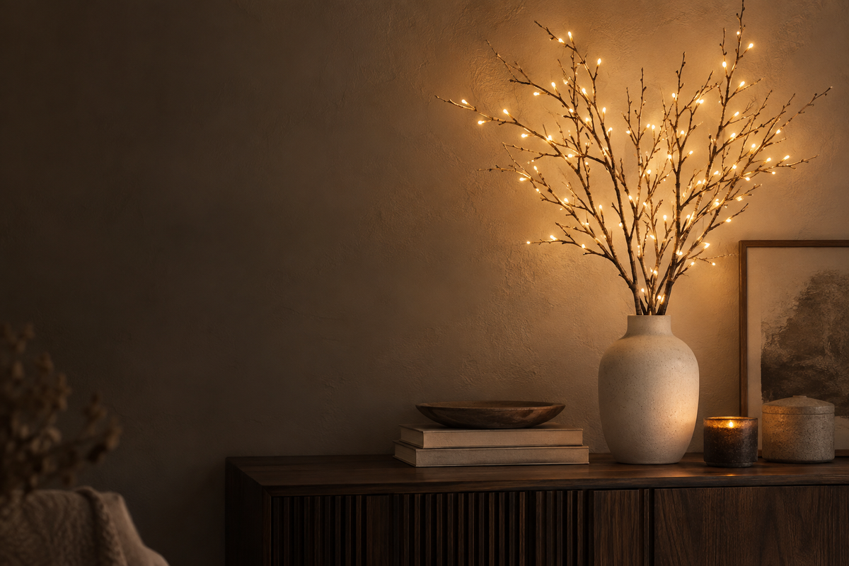 Illustrasjon av varme LED-greiner i vase i eit lunt rom