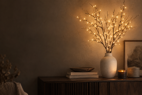 Illustrasjon av varme LED-greiner i vase i eit lunt rom